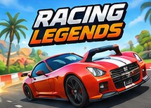 A red sports car on a coastal road under the game's logo