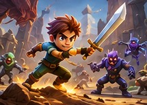 The hero raising a sword against a group of monsters