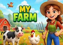 A farmer with a cow and a chicken in front of a barn, under the game's logo
