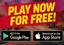 Large "Play now for free" text above App Store and Google Play badges