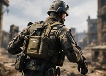 A realistic soldier walking through ruins, unrelated to the game