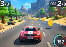 A racing game: the player's car on the track, with lap and position counters