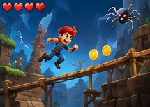 A platformer: the hero jumping across a bridge towards a spider