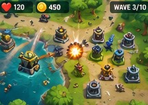 A tower defence game: towers defending a path, mid-wave