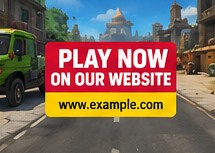 Gameplay covered by a "Play now on our website" banner with a web address