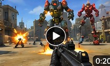 A shooter video in the middle of a fight with robots